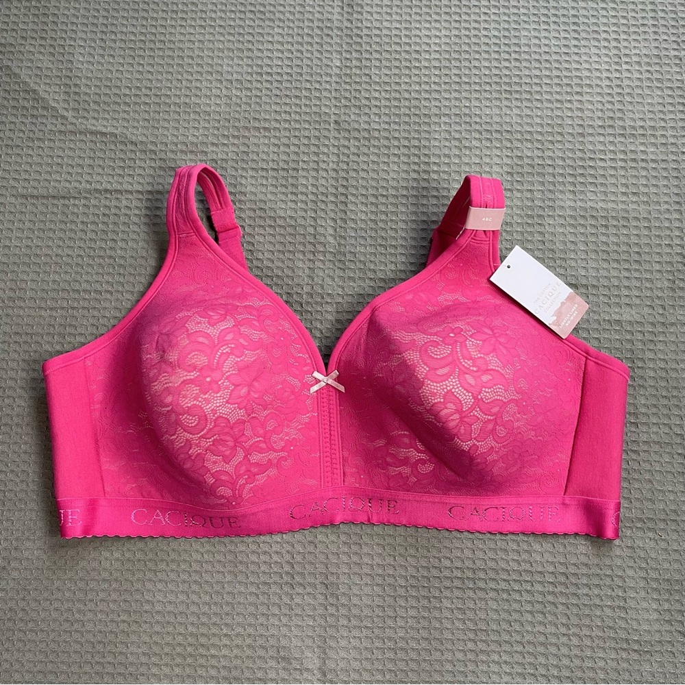 New Cacique Lightly Lined No Wire Cotton Bra 46C Pink Lace